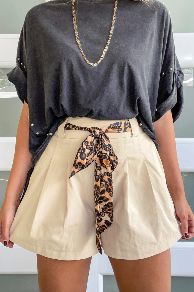 Oatmeal Leopard Contrast Sash Belt Pleated Wide Leg Shorts