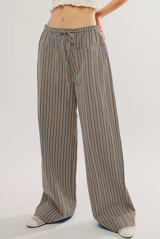 Khaki Stripe Button Pocket Tie Waist Casual Wide Leg Pants